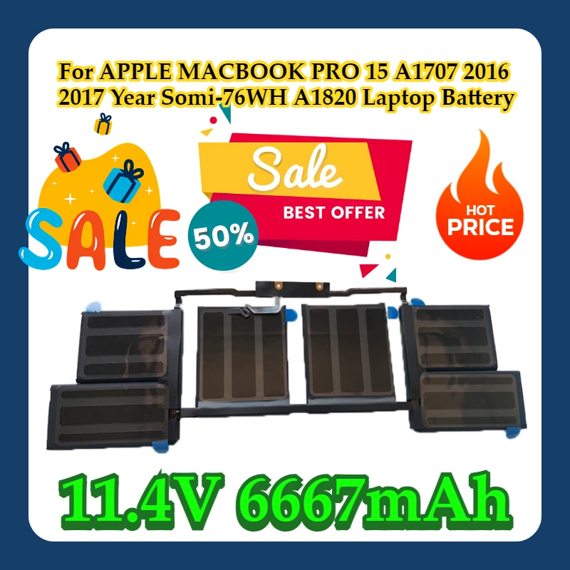 

For APPLE MACBOOK PRO 15 A1707 2016 2017 Year 11.4V 6667mAh Somi-76WH A1820 Laptop Battery