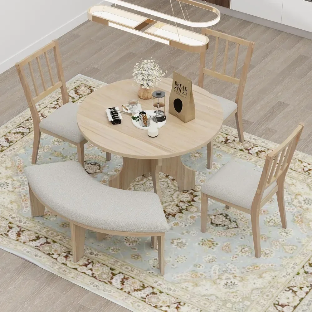 5-Piece Dining Table Set with Curved Bench & 3 Chairs Retro Round Dining Table Set