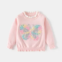 2024 Children Autumn Clothes New Baby Girls Sequin Butterfly Pullover Knitwear Tops Kids Ruffle Long sleeves Cotton Warm Sweater