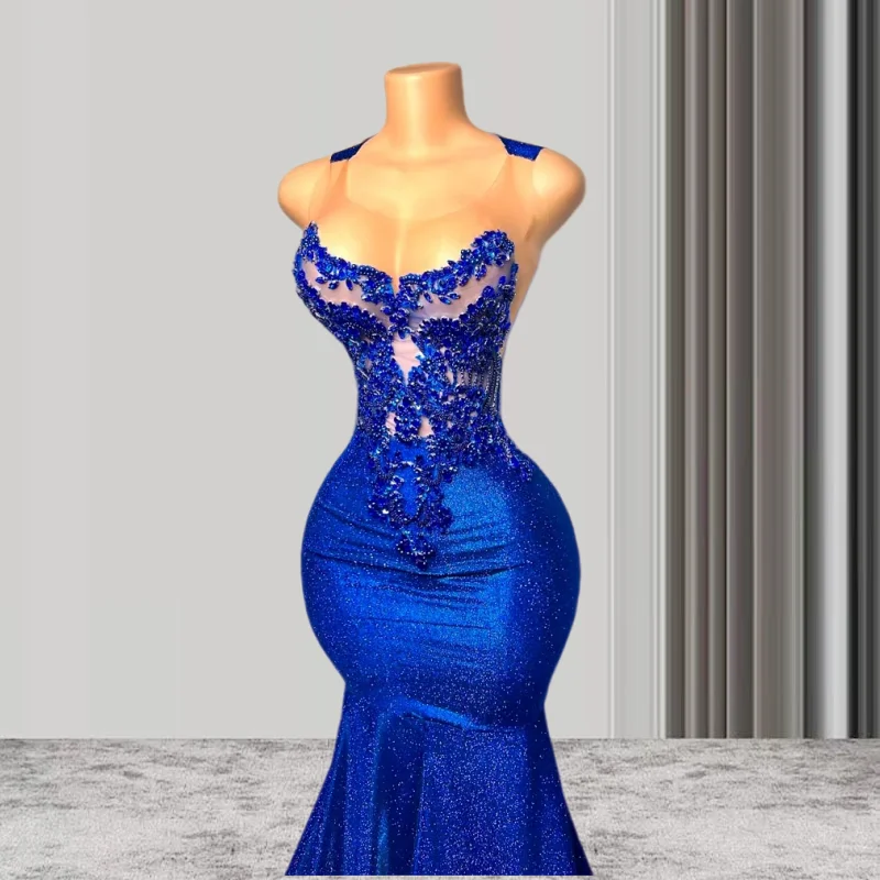 Royal Blue Long Prom Dresses For Black Girls Mermaid Crystals American African Evening Gowns Birthday Party Robe Customized