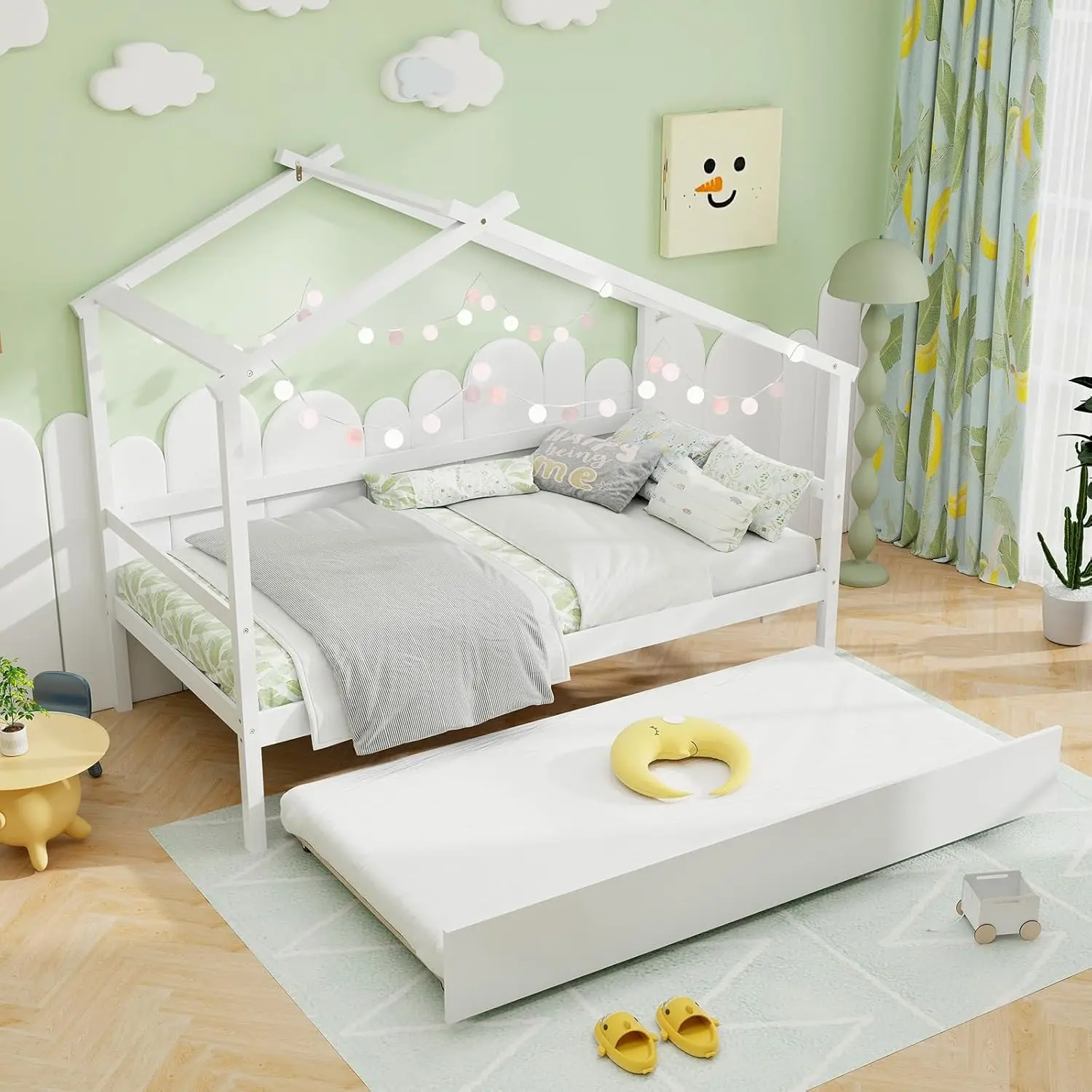 Giantex Houten Huisbed Voor Kinderen, Twin Frame Met Uitschuifbed Twin, Kids Frame Met Hoofdeinde En Treeplank, Dubbele Maat