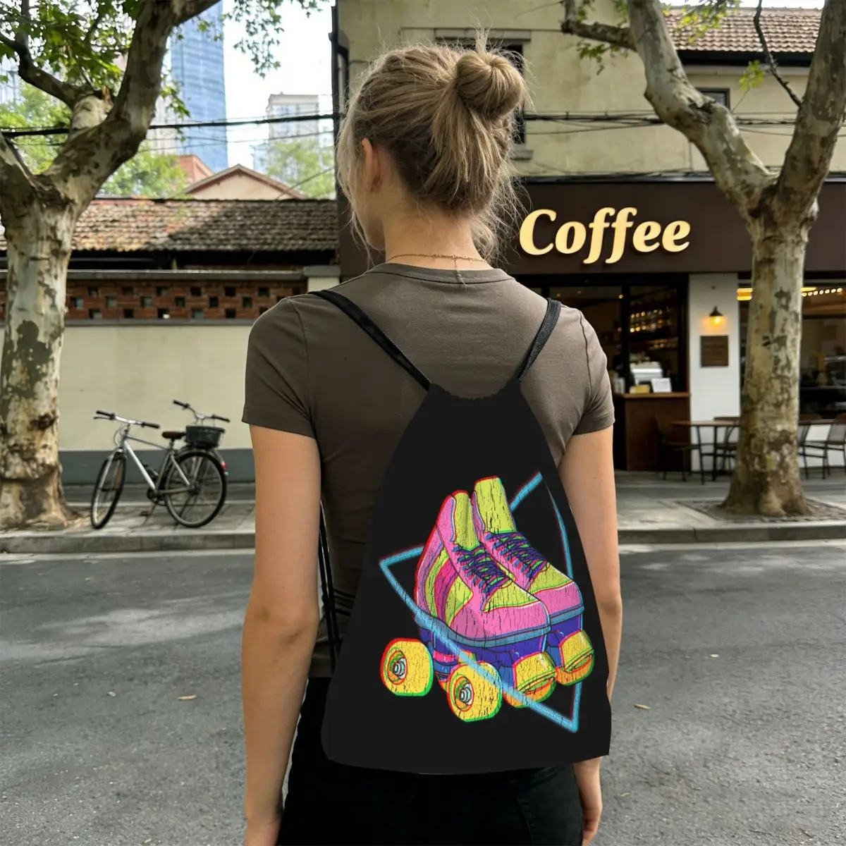 Retro Roller Skates Colorful Backpacks Portable Drawstring Bags Sports Bag Book Bags for Travel School