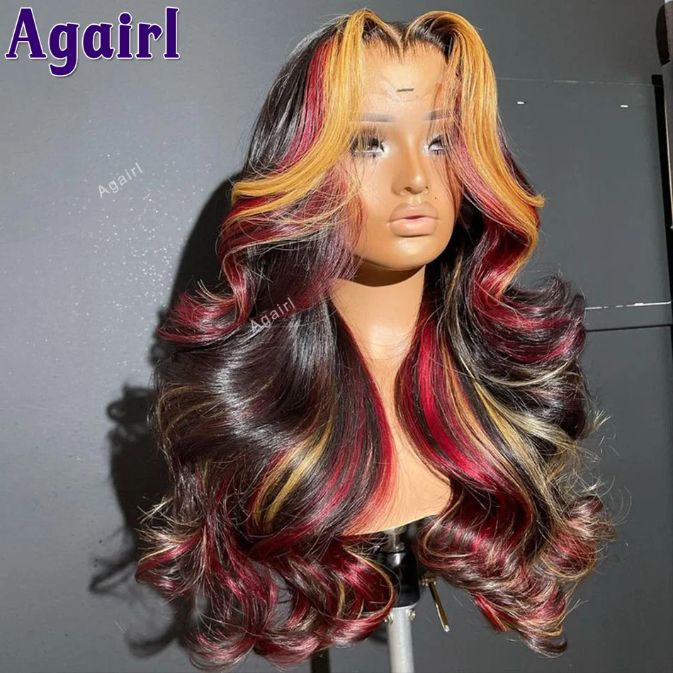 Wig penutup renda 6X4 berwarna pirang merah highlights sudah ditanami Wig rambut manusia untuk wanita 200% gelombang tubuh renda Wig Frontal