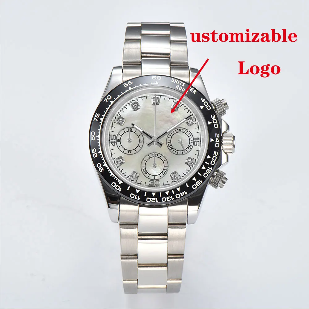 39 มม.เงินนาฬิกาข้อมือผู้ชาย VK63 การเคลื่อนไหวควอตซ์ chronograph sapphire glass ธุรกิจที่กําหนดเองผู้ชายนาฬิกากันน้ํา