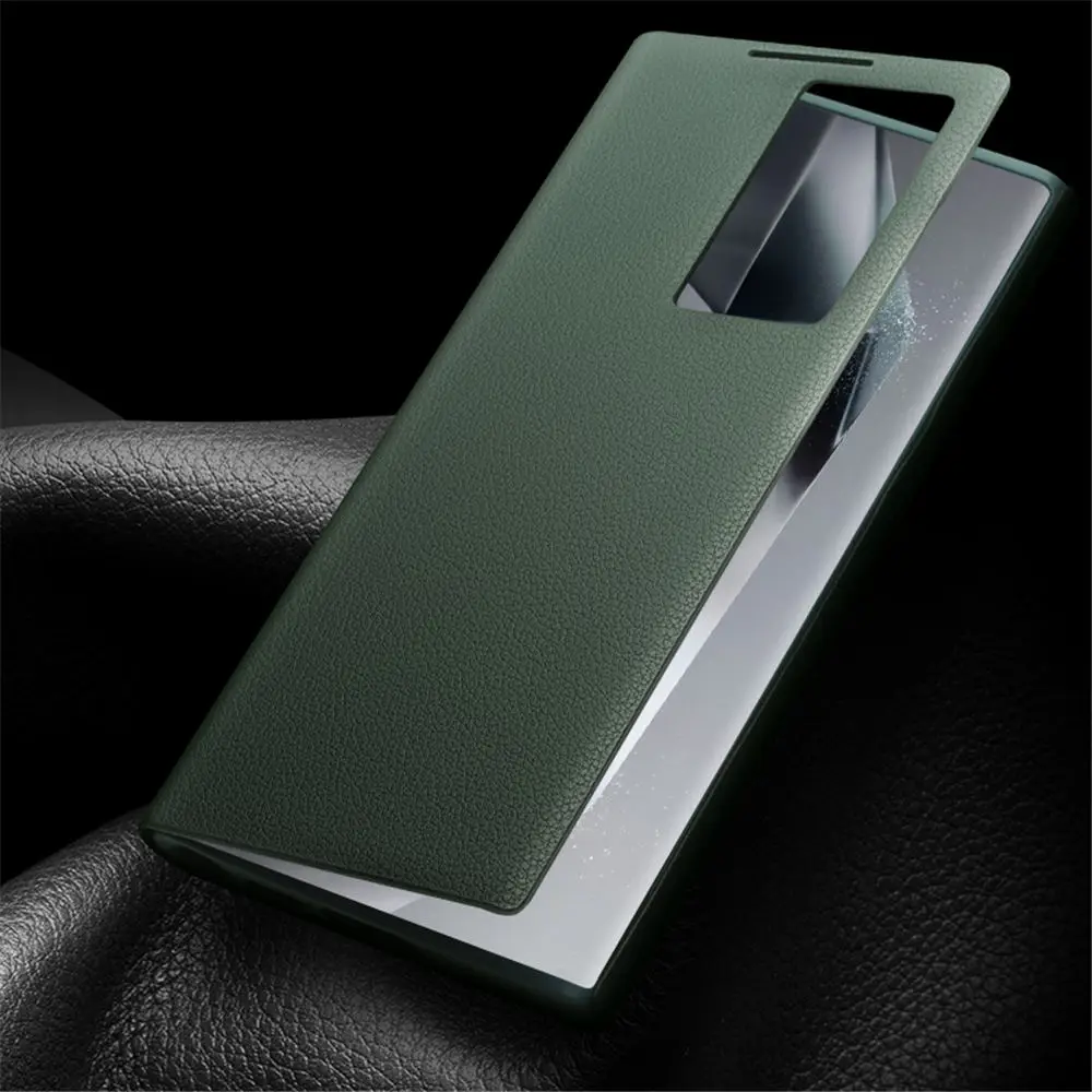 Premium Cowhide Leather Smart Window View Case for Samsung Galaxy S23 S24 Ultra Card Pocket Cover