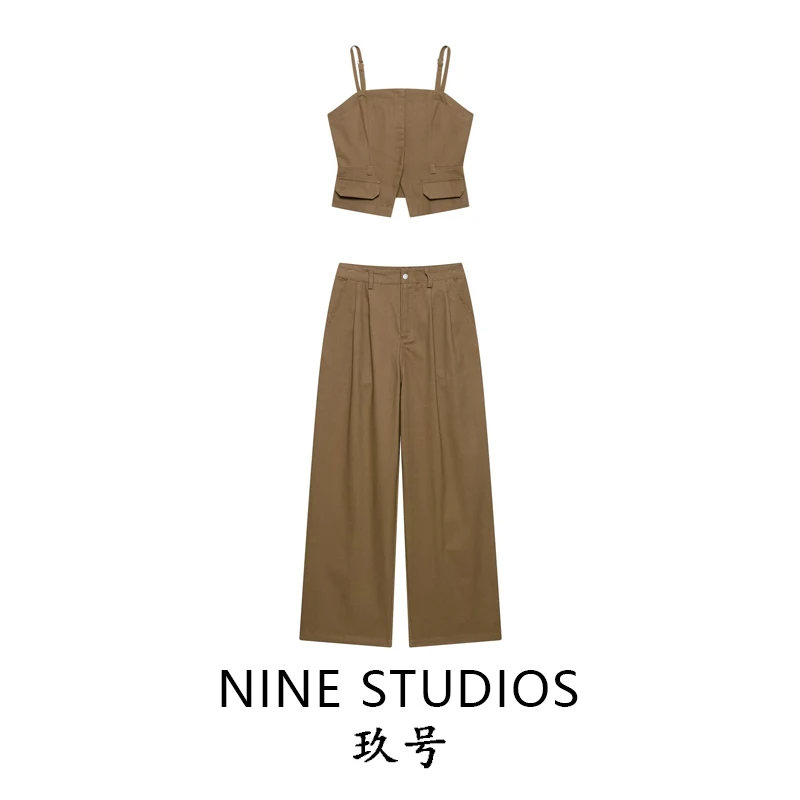 

NINE ZAR Women's Denim Halter Top And Wide Leg Pleated Pants Long Trousers Set Summer Fashion Two-Piece Suit Female