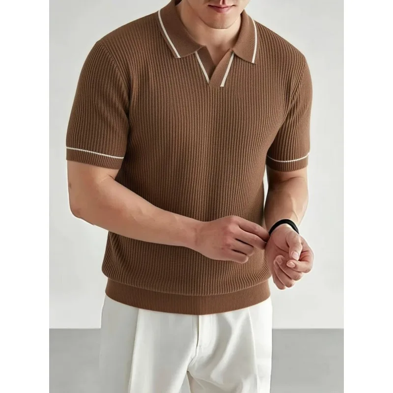 

British Style Summer Knitted Striped Polo Shirt for Men Trendy Collar Casual Social Business T-shirt Short Sleeve Breathable Top