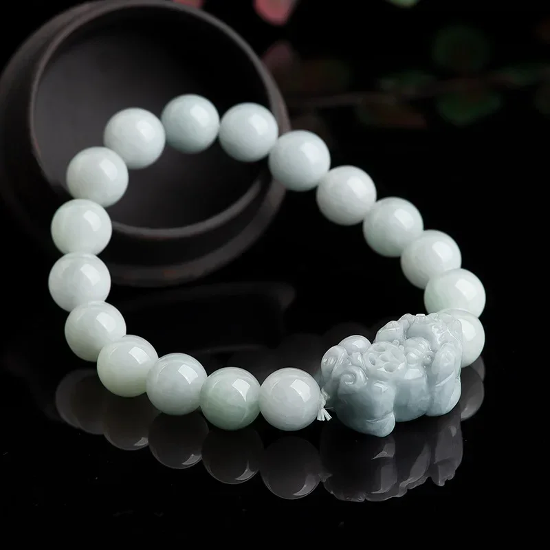 

Jia Le/Hand-Carved/Natural Ice Species Jade Pixiu Bracelet Elastic Beaded For Women Men Couple Fine Jewelry Emerald Bangles