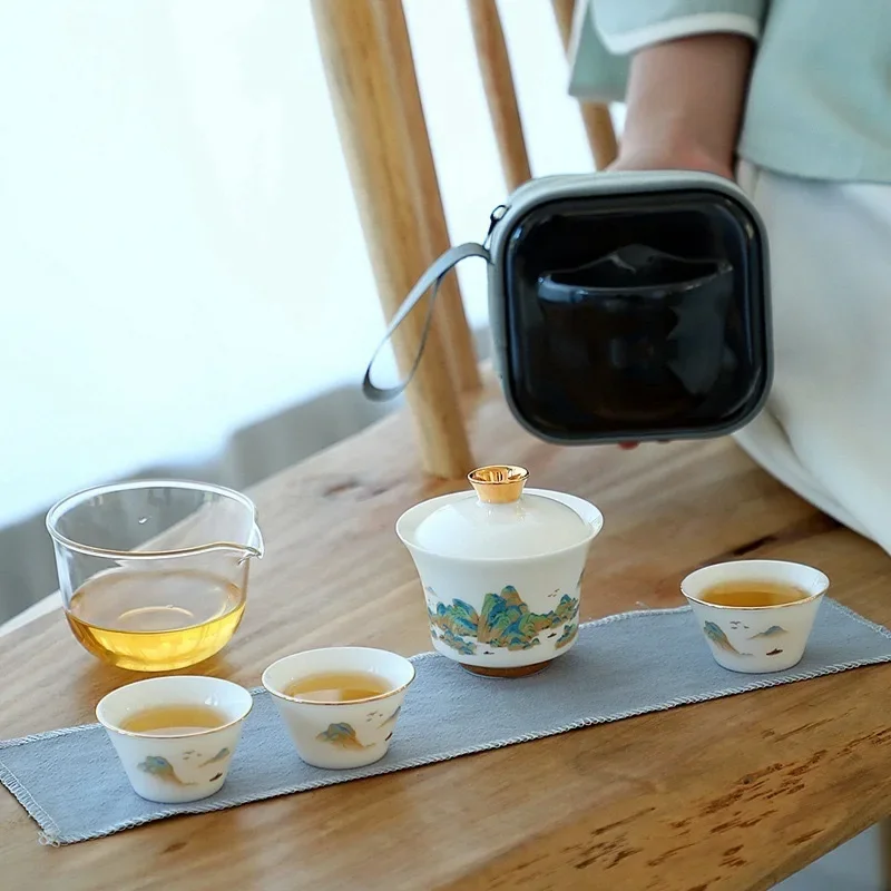 Colorful Designer Flower Ceramic Travel Tea Set Portable Quick Cup One Pot Three Cups Mutton Fat Jade Kung Fu Tea Set Tool Gift