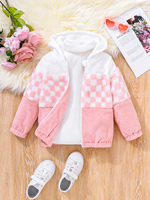 Girls Autumn Winter Seasonal Color Block Zipper Hooded Plush Jacket for Kids