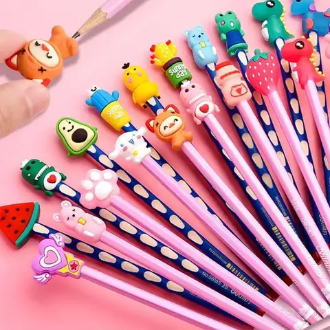 Bilashmart 10pcs Cute Cartoon Pencil Cap Silicone Neutral Pen Cover School Students Supplies Soft Rubber Pencil Protector