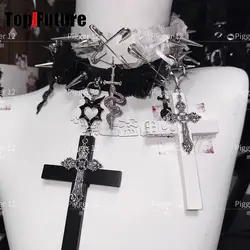 Women's Harajuku Steampunk Y2K The Spice Girls Punk “Angel Party” Cross metal necklace Dark leather collar Choker Chokers