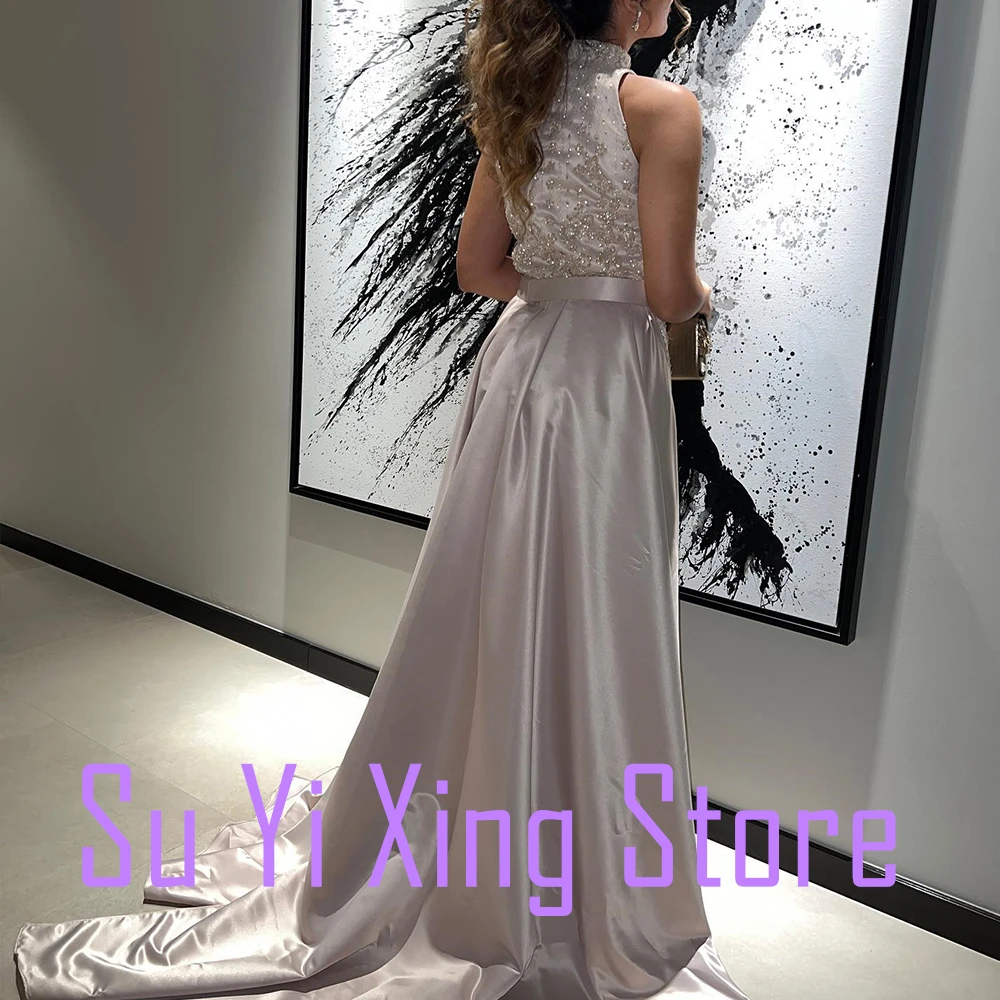 Crystal Beading Sashes Satin High Collar Panel Train Floor Length Off the Shoulder Sleeveless Luxury and Elegant Evening Dress