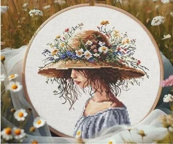 Cross Stitch Kit for DIY Handmade Home Decor, Birds on a Teapot Bouquet, Fabric Cloth, Cotton -10 Straw Hat Girl 30-31
