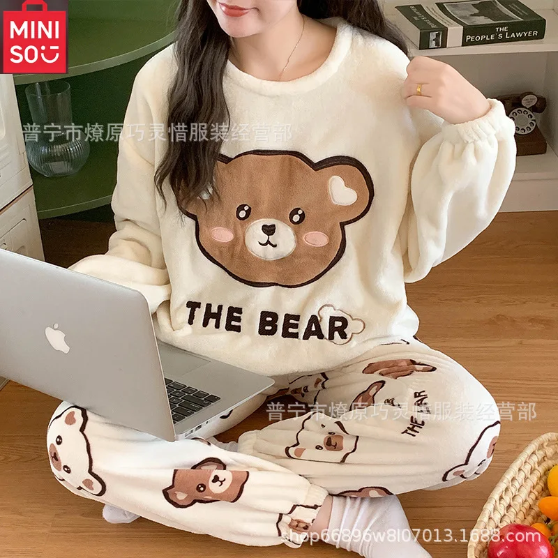 بيجامة MINISO النسائية، الخريف والشتاء، نمط جديد سميك لطيف، مجموعة ملابس منزلية كرتونية للفتيات في الشتاء
