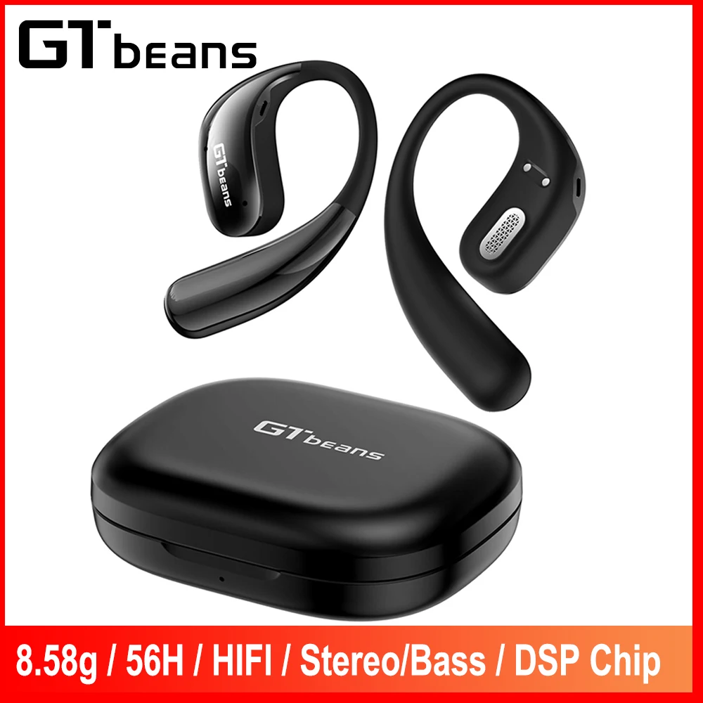Auriculares Bluetooth 6.0 GTbeans E20, Auriculares Inalámbricos Verdaderos, Resistentes al Agua IP55, 56 Horas de Reproducción, Reducción de Ruido, Auriculares con Gancho Abierto