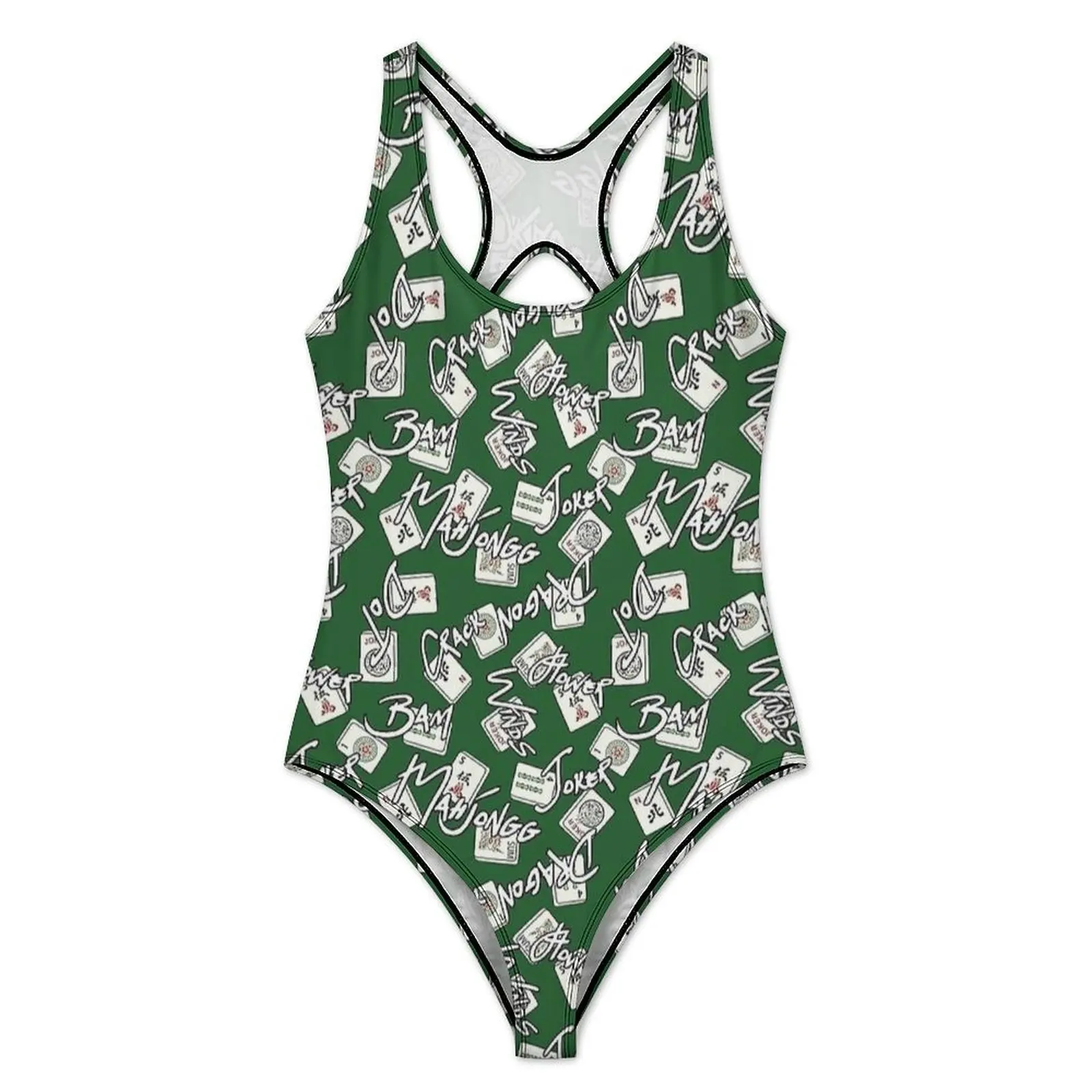 Mahjong Gambler Script Print Swimsuit Swimwear One Piece Fitness Design Swimsuits Hollow Out Monokini Ladies Push Up Beachwear