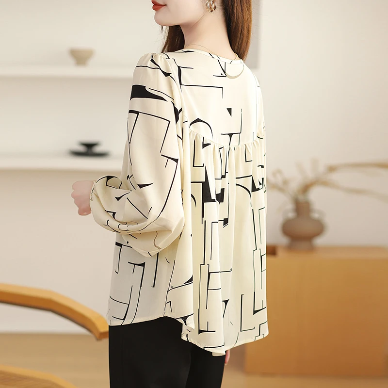 Women Spring Simplicity Loose Temperament Printing Chiffon O-neck Long Sleeve Shirts Women Clothes Casual All-match Trend Tops