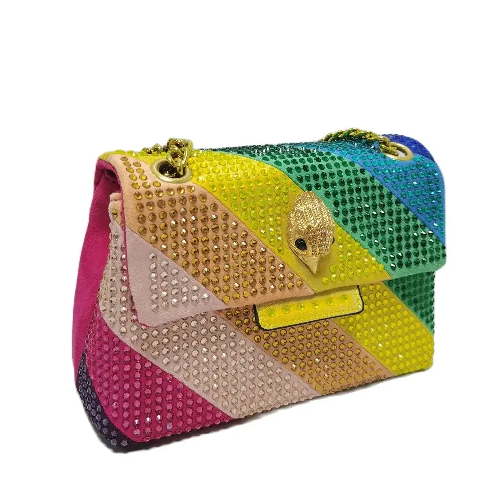 Rainbow Suede Women Purse Jointing Colorful Cross Body Bag Patchwork Stone Handbag