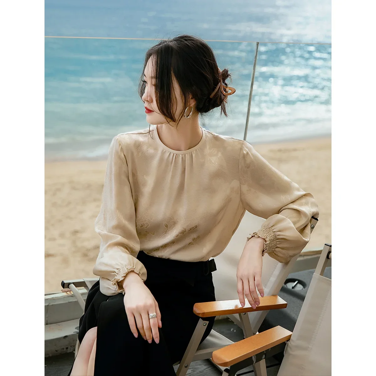 New Chinese Style Jacquard Silk Women Blouse Niche Heavy Mulberry Silk Shirt Women's Spring Women's Jacquard Long Sleeve Top