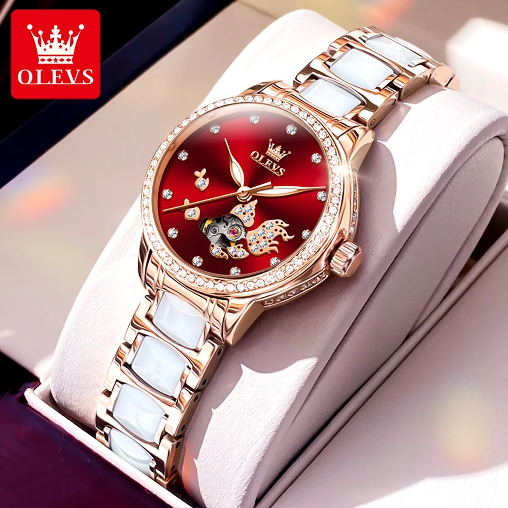 

OLEVS Automatic Mechanical Watch for Women Ceramic Strap Skeleton Diamond Dial Waterproof Original Rose Gold Women's Wristwatch