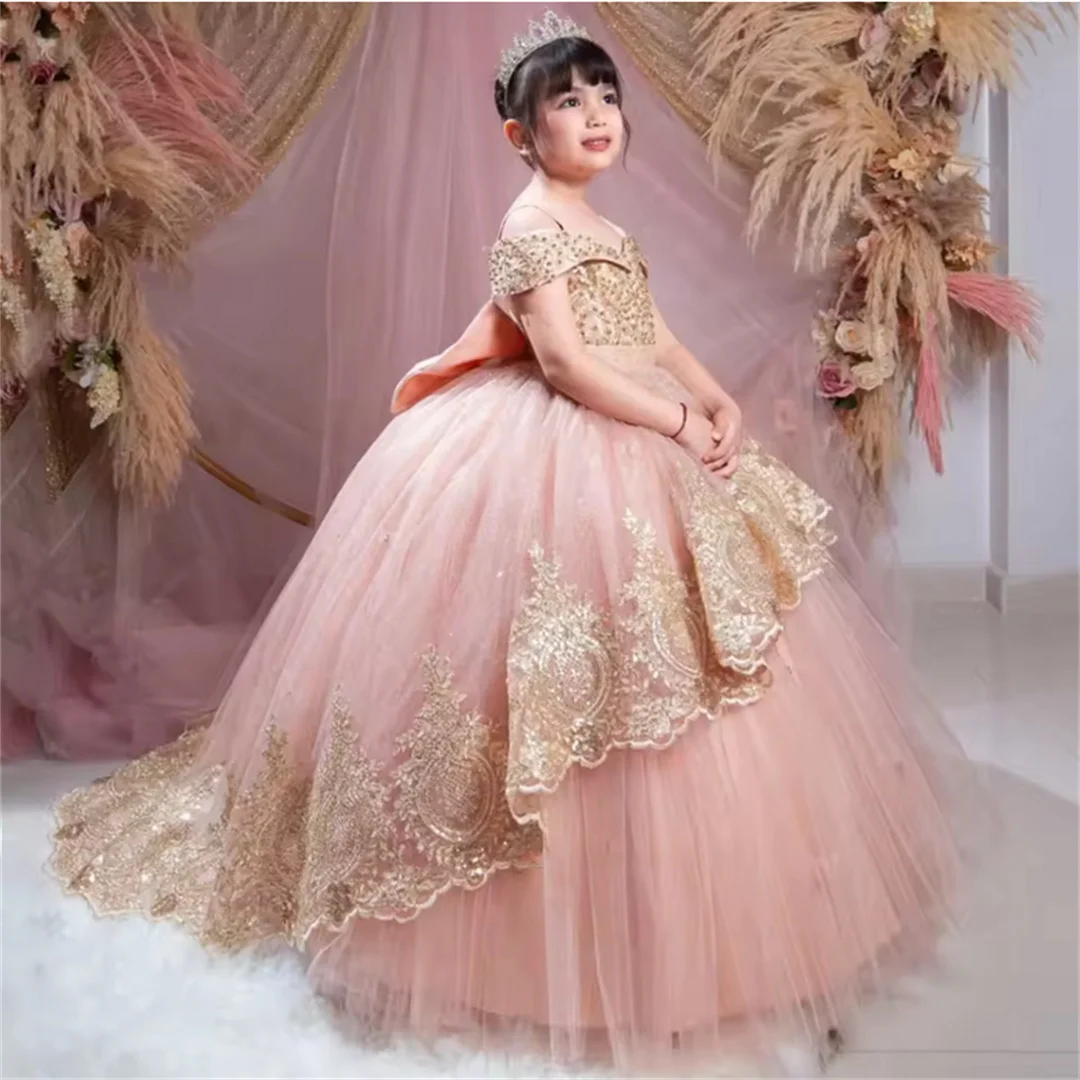 

Customized Flower Girl Dress Blush Satin Tulle Gold Lace Appliques With Bow Short Sleeve For Wedding Birthday Party Banquet