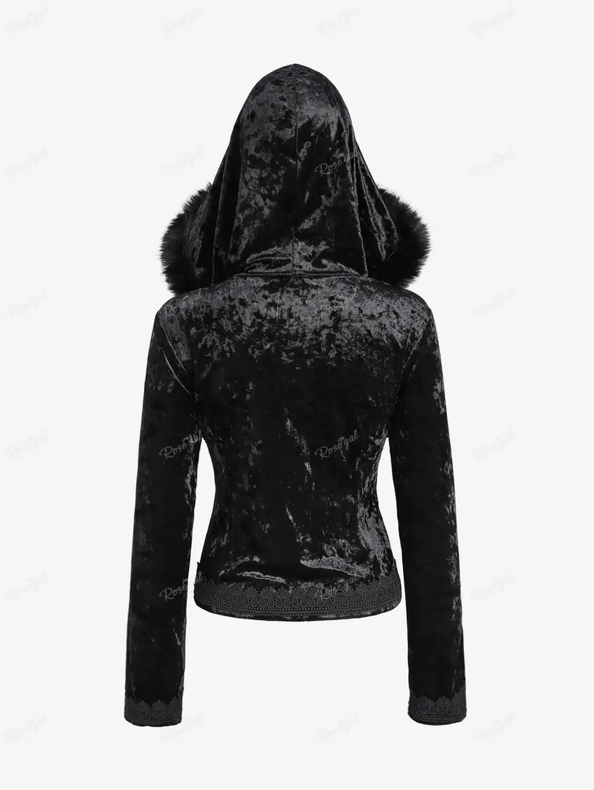 ROSEGAL Plus Size Gothic Fur Coats Black Full Zipper Applique Panel Fur Trim Fluffy Collar Long Sleeves Velvet Coat Outwears