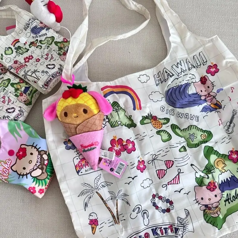 Kawaii Hello Kitty Hawaiian Shoulder Bag Sanrio Cartoon Cute Printing Open Storage Bag Large Capacity Shopping Bags Girls Gifts