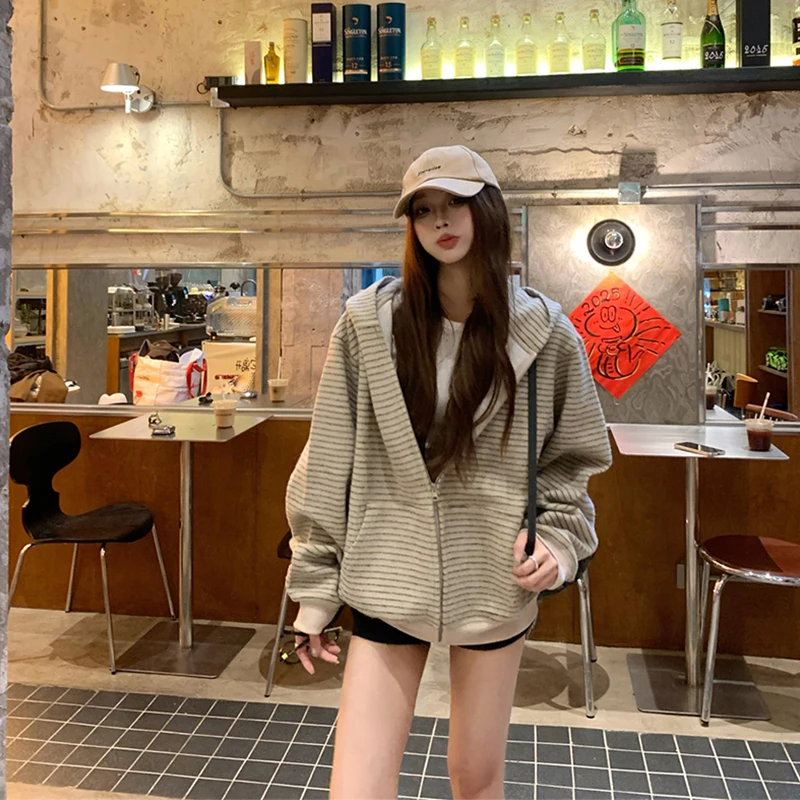 

Винтажные толстовки на молнии, женские полосатые толстовки с капюшоном в стиле Харадзюку, осенне-зимняя уличная одежда, корейские куртки на молнии с длинными рукавами, новые