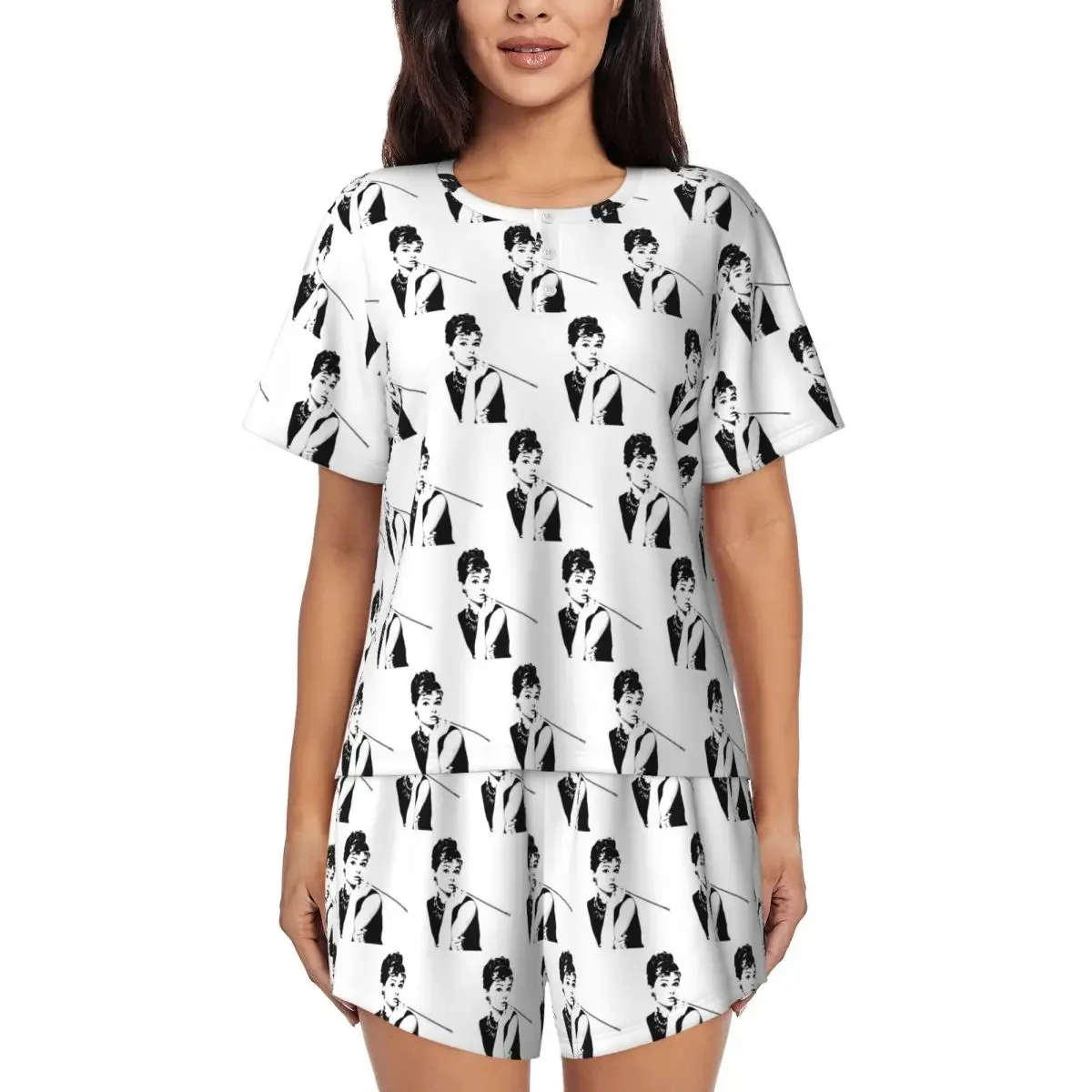 

Audrey Hepburn Portrait A Round Neck Short Sleeve Nightgowns for Sleeping Sleepshirts Women Loose Pajama Set Short Pants