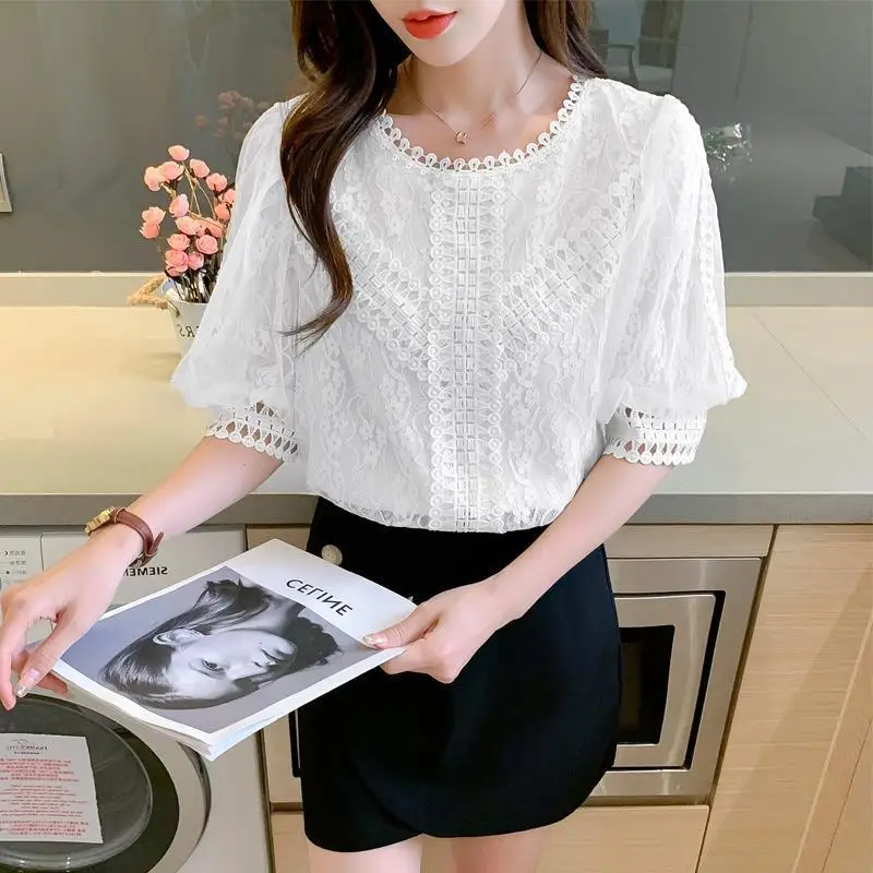 Simplicity Office Lady Summer Women's Solid O-Neck Lace Puff Sleeve Patchwork Fashion Loose Short Sleeve Chiffon Shirt Tops