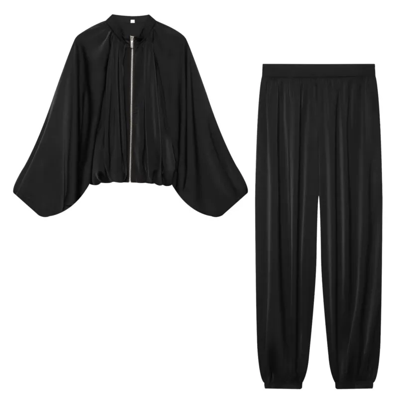 HipSeam Women's Pants Set Two Piece New 2026 Summer Long Sleeve Balloon Bomber Jacket Satin Sarouel Trousers Female Outfit