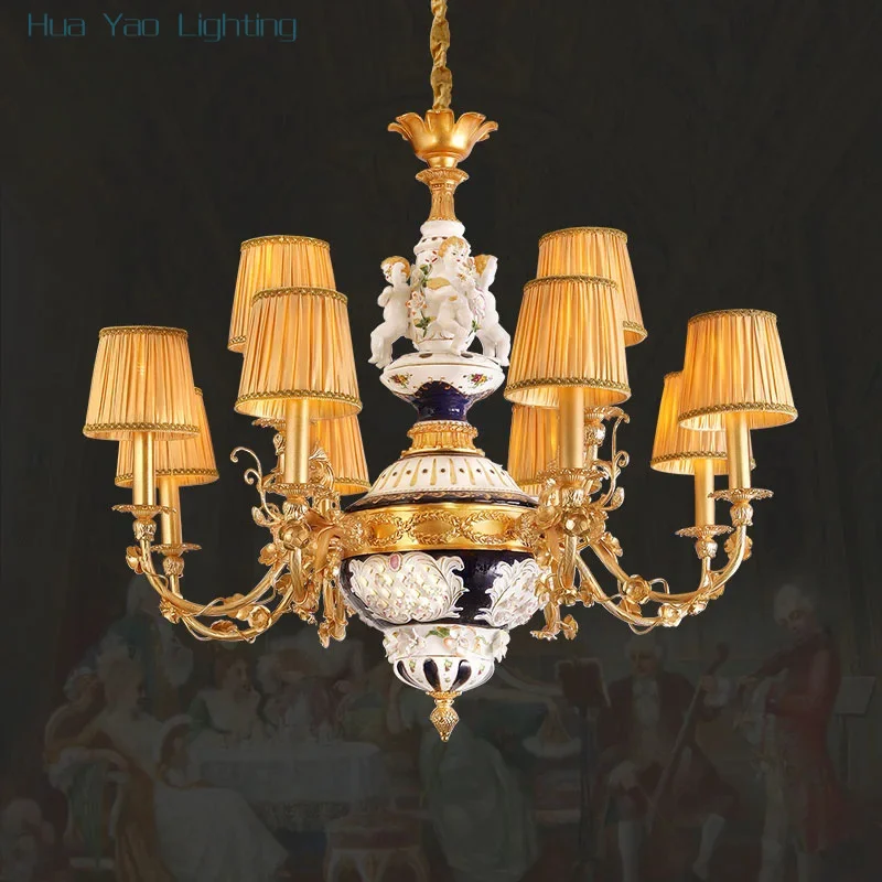 Baroque style full copper luxury porcelain chandelier European court home living room dining room bedroom chandelier