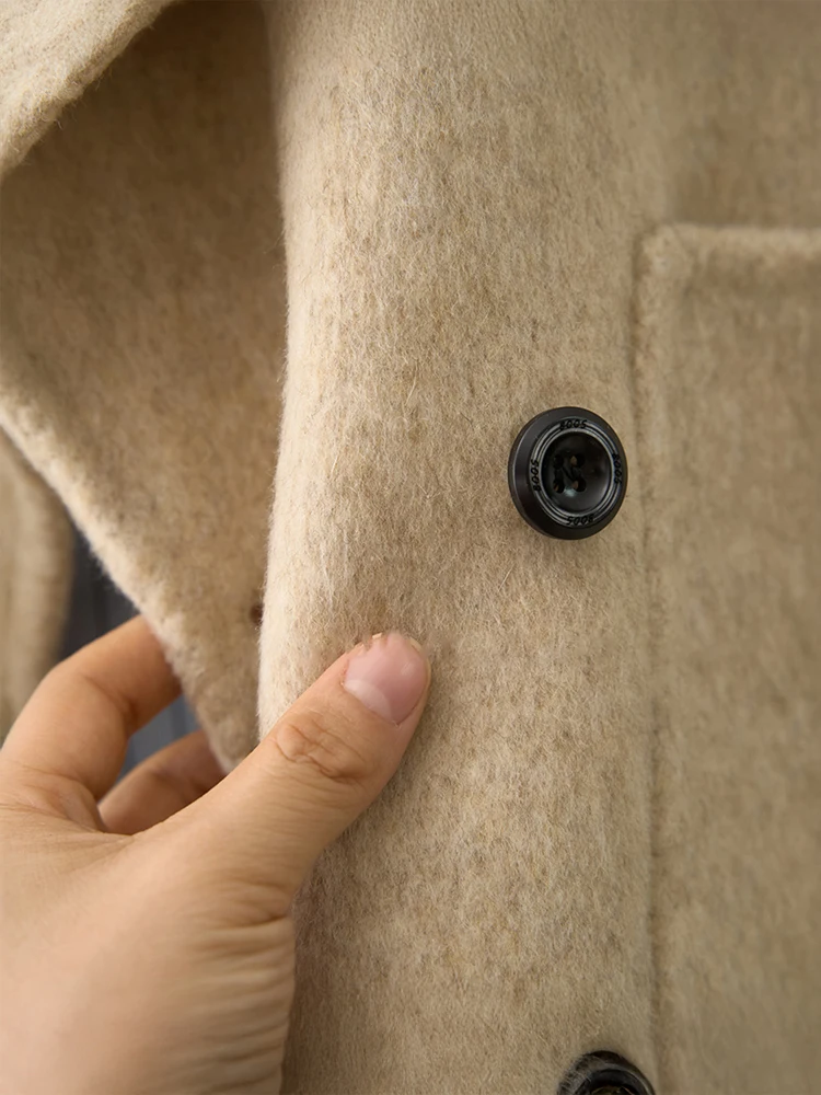 Women's Loose Fit Double Face Wool Coat Beige Oversized Lapel Button Winter Warm Outerwear for Casual Elegant Look