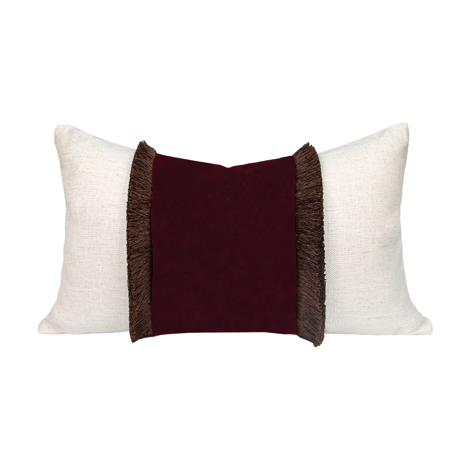 French Vintage Wine Red Velvet Spliced Linen Lumbar Pillow Cover With Two Side Fringe Decorative Cushion Cover For Sofa