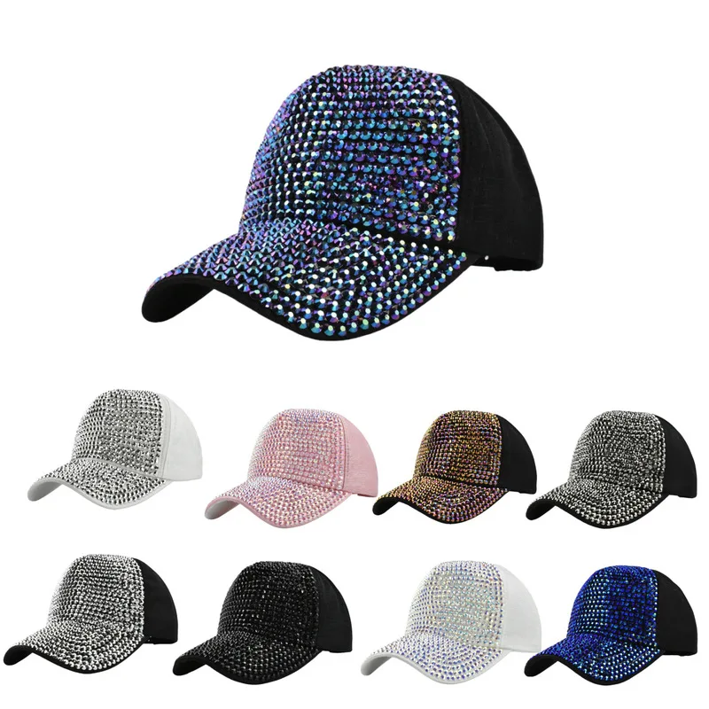 Cross-border colored diamond baseball capDIYFashionable rhinestone-embellished duckbill sunshade hat for sun protection
