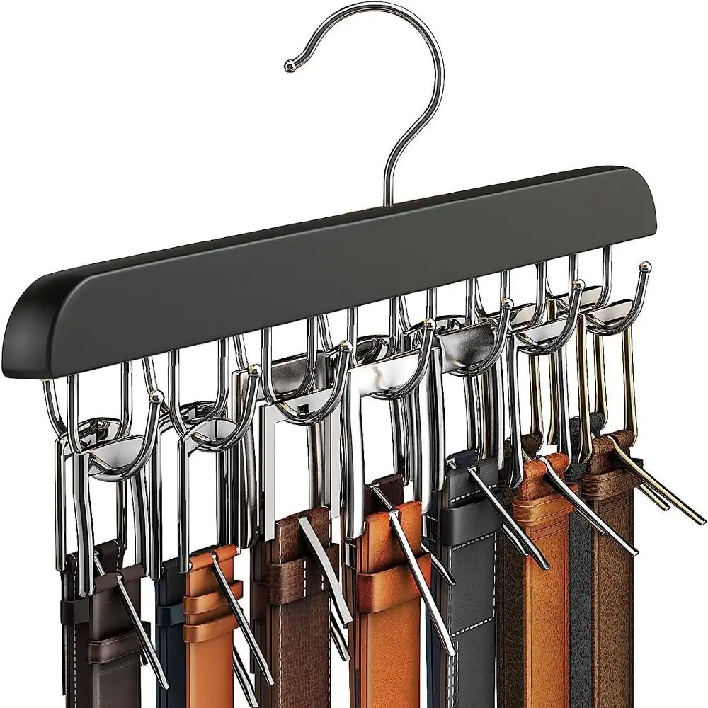 New Wooden 14/16/20 Hooks Belt Rack Rotatable Household Non Slip Storage Rack Space Saving Tie Tank Tops Belt Hanger