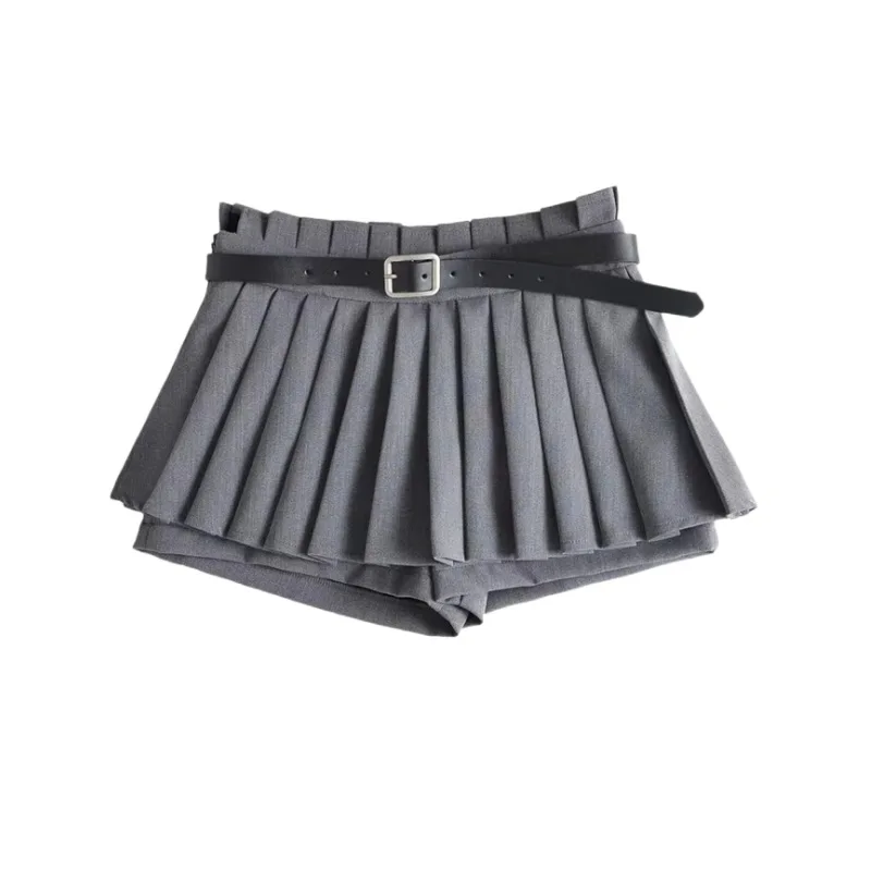 กระโปรงพลีทสีดำขนาดเล็กสำหรับผู้หญิง เสื้อผ้าสไตล์คาวาอี้ แฟชั่น มีเข็มขัดสองเส้น สตรีทแวร์ ยุค Y2K