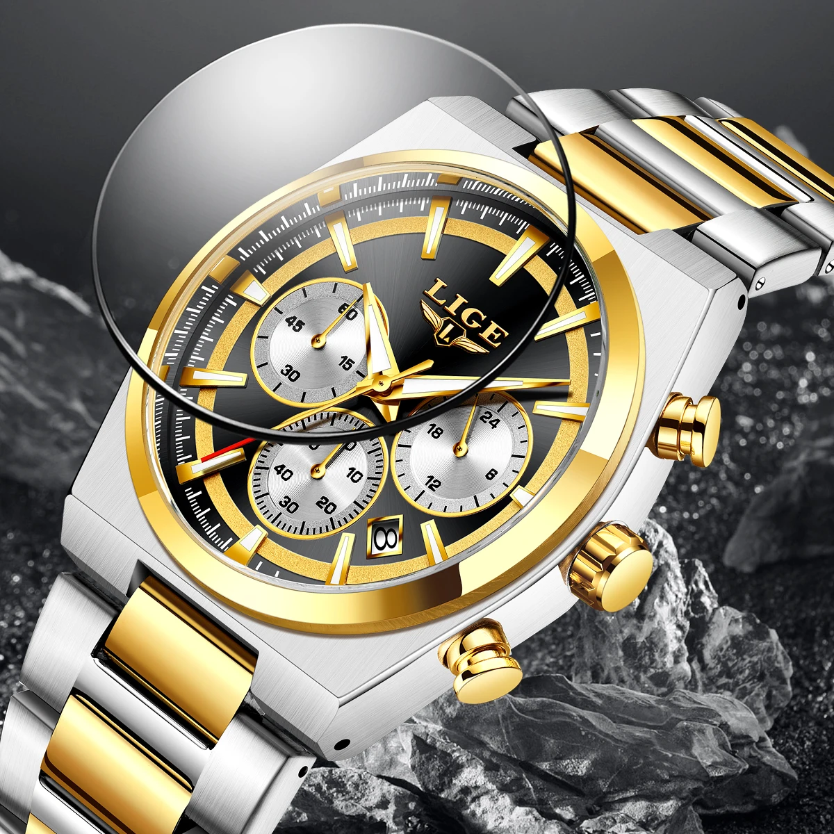 LIGE ファッション高級クォーツマンウォッチビジネス紳士ステンレス鋼バンド自動日付生活防水発光腕時計男性 + ボックス