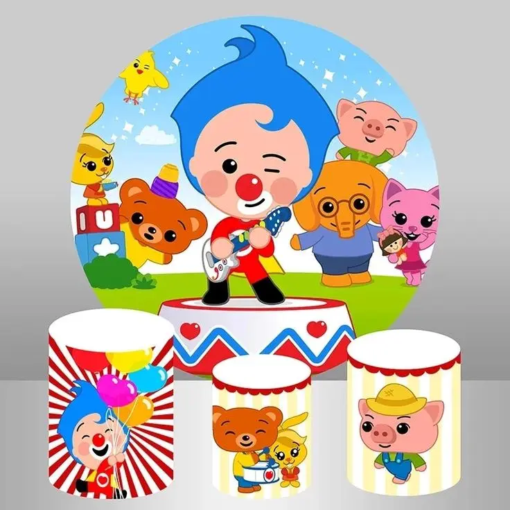 DIXSG Plim Happy Birthday Elastic Round Backdrop Blue Hair Clown Background Three Cylinders Background Circle Columns Cover