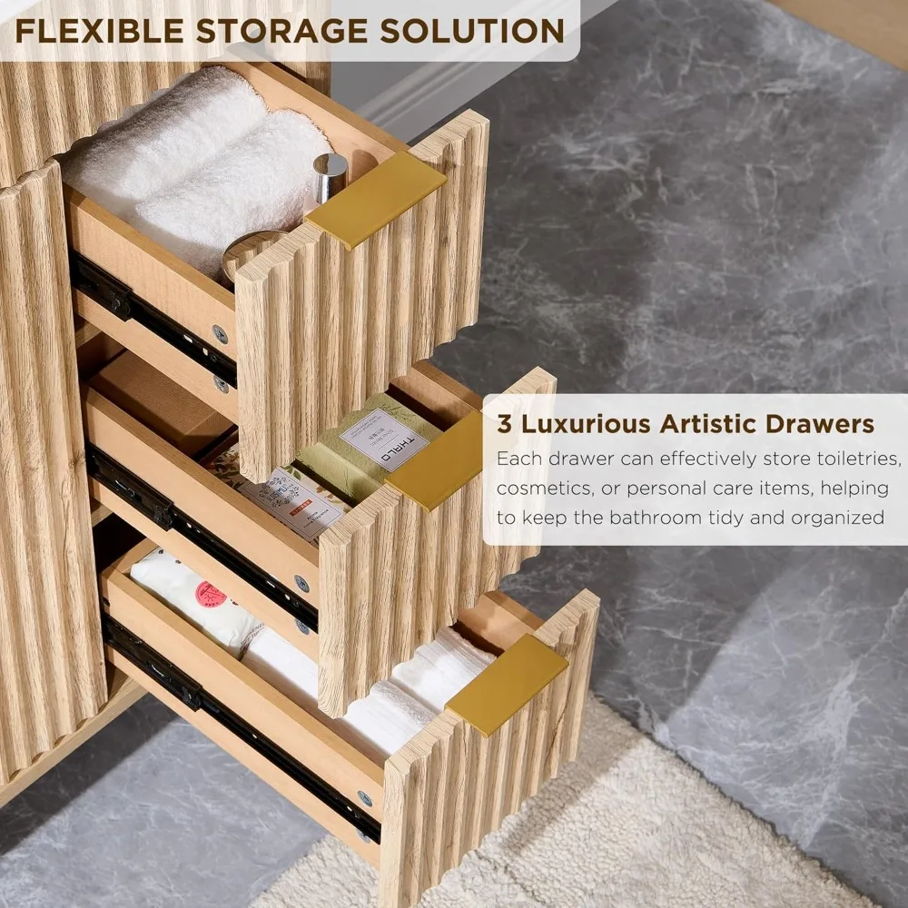 30" moderner freistehender Badezimmer-Waschtisch mit Keramikwaschbecken, sanft schließenden Türen und Schubladen, Holzmaserung-Eichen-Finish