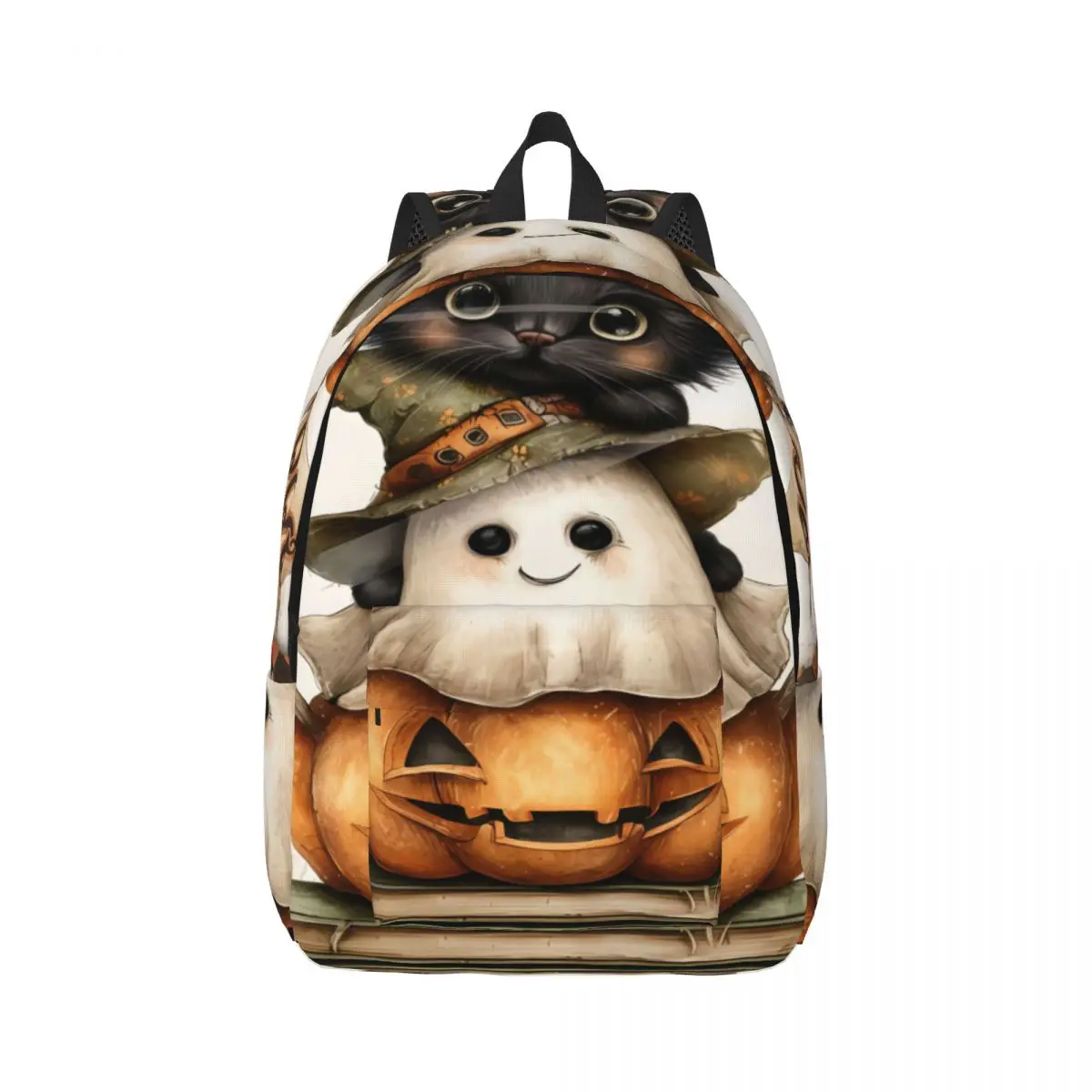 Gothic Backpack Center Witch Kitten Ghost Pumpkin Boo Whimsical Halloween Watercolor Ora Holiday Daypack for October Birthday