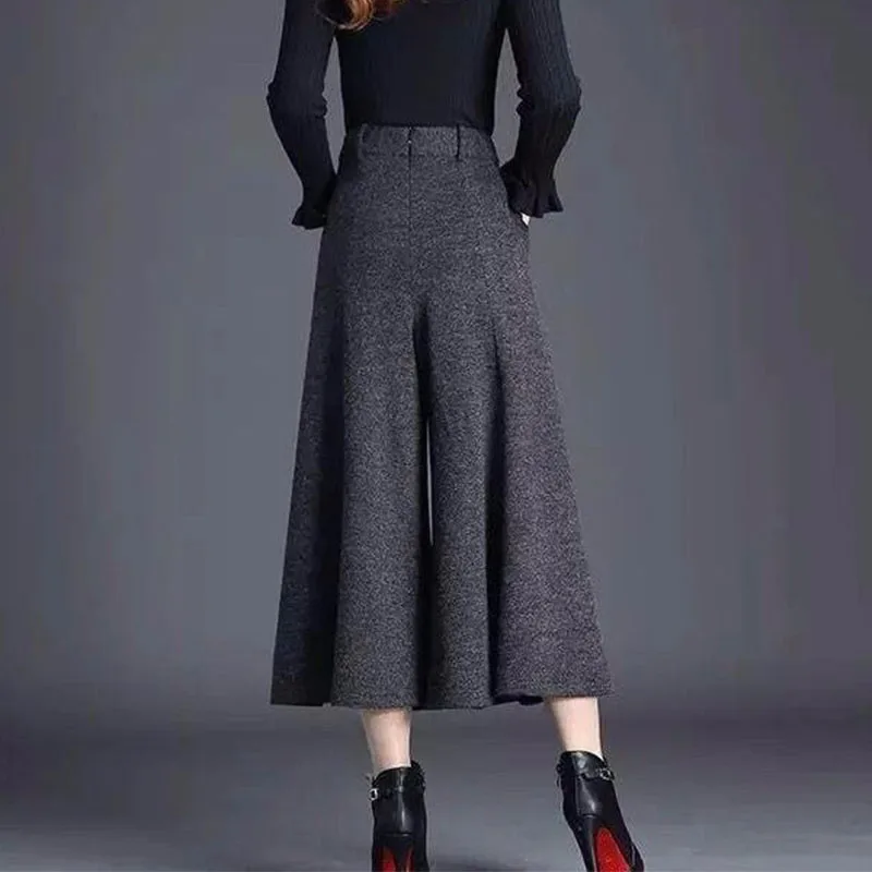 Autumn Winter Women's Woolen Pants New Solid Pocket Elastic High Waist Fashion Elegant Loose Wide Leg Ankle Length Trousers