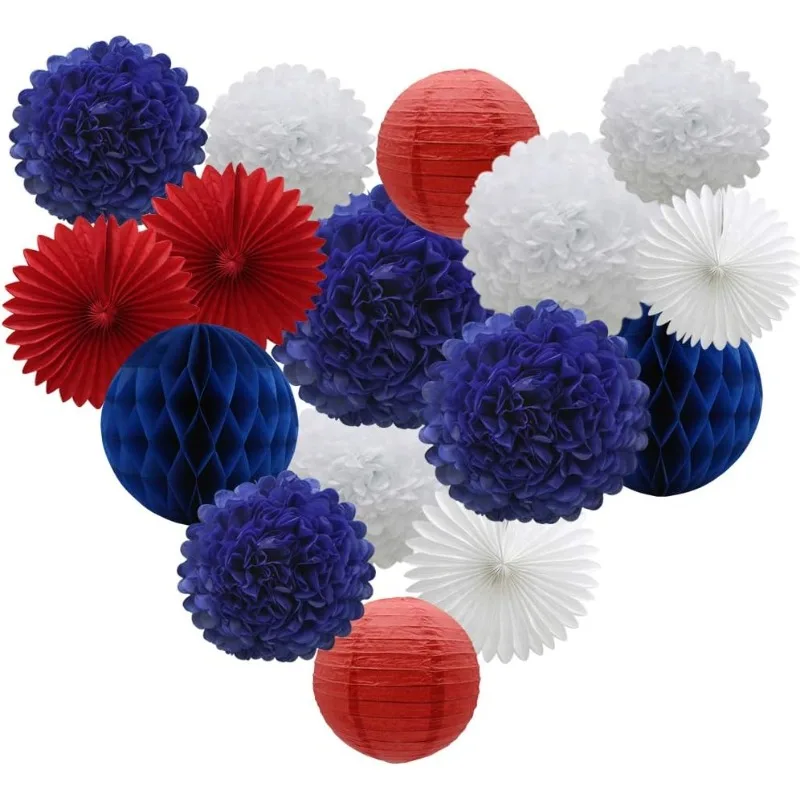 

Navy Blue Red White Party Decorations 16pcs Pom Poms Honeycomb Balls Lanterns Tissue Fans for 4th of July Day Party Decorations