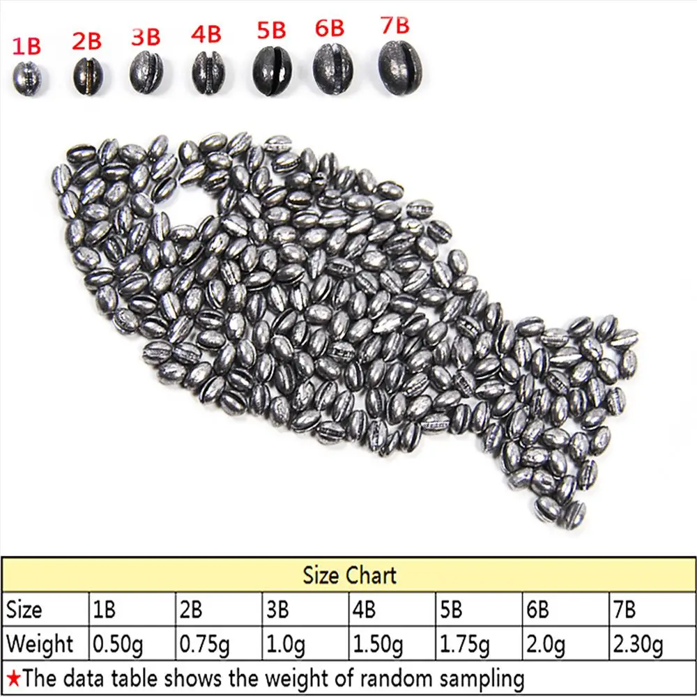 20PCS/Bag 1B to 7B Premium Solid Oval Split Shot Lead Sinker Bean Shaped Weight Lead Fishing Lure Accessories