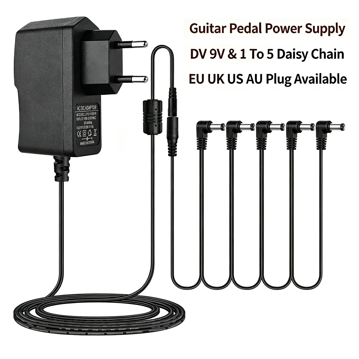 Guitar Pedal Power Supply Adapter 9V DC US UK EU Plug Tip & Negative 5 Ways Daisy Chain Cables Compatible for Most Guitar Pedals