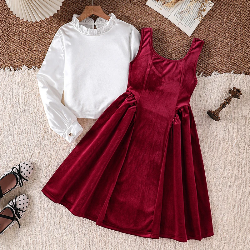Kids 8-12 Velvet Dress Set, Frill Collar Long Sleeve Top Bow Waist Sleeveless Sundress Elegant Girls Autumn Matching Outfit