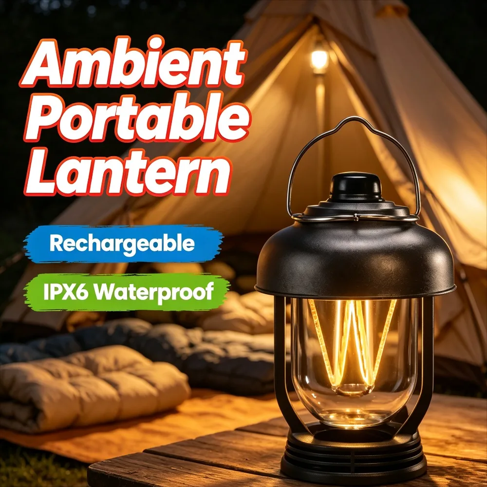 Dimmable Vintage LED Camping Lantern Rechargeable Waterproof  Ambient Light for Outdoor Camping Hiking Emergency Scene Lighting