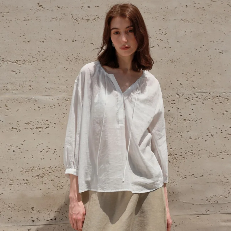 Women's Ramie Blouse Summer New Style Nine-quarter Sleeve V-neck Drawstring Light Shirts Holiday Beach Casual Loose Chic Tops