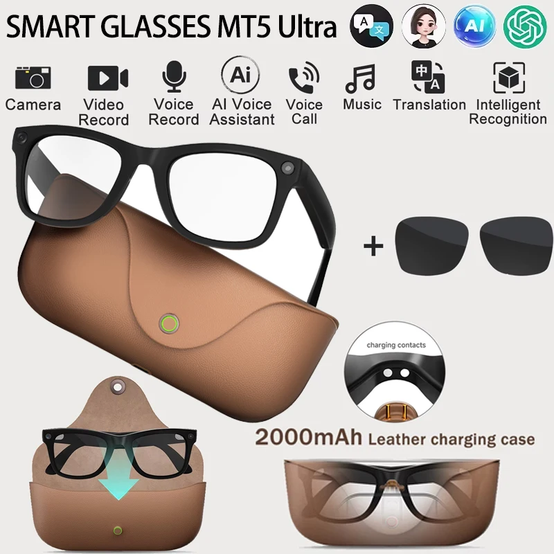 MT5 Ultra AI Smart Glasses Real-time Translation Glasses 800W Pixel Camera Photo Video Recording Waterproof Smart Sunglasses